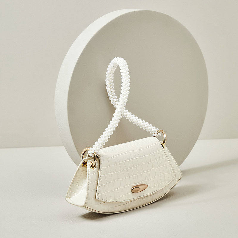 Women’s Genuine Leather Croc Print Baguette Bags with Pearls Strap image 2