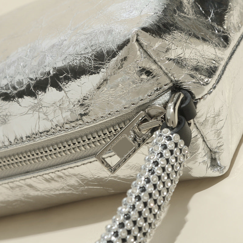 Women’s Stone Grain Rhinestone Handle Clutch Bags in Genuine Leather image 4