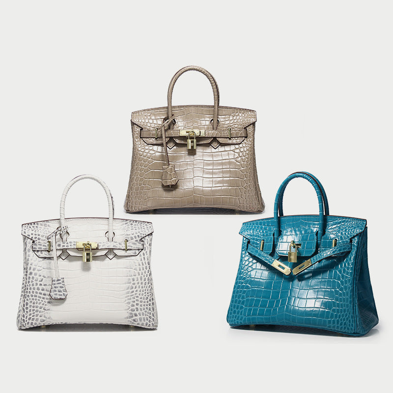 Women’s Smooth Croc Print Genuine Leather Top Handle Bags image 3