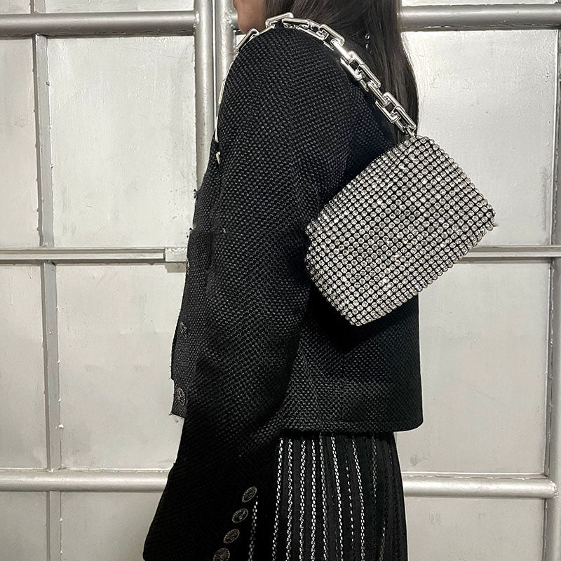 Women’s Small Chains Full Rhinestone Evening Baguette Bags image 5
