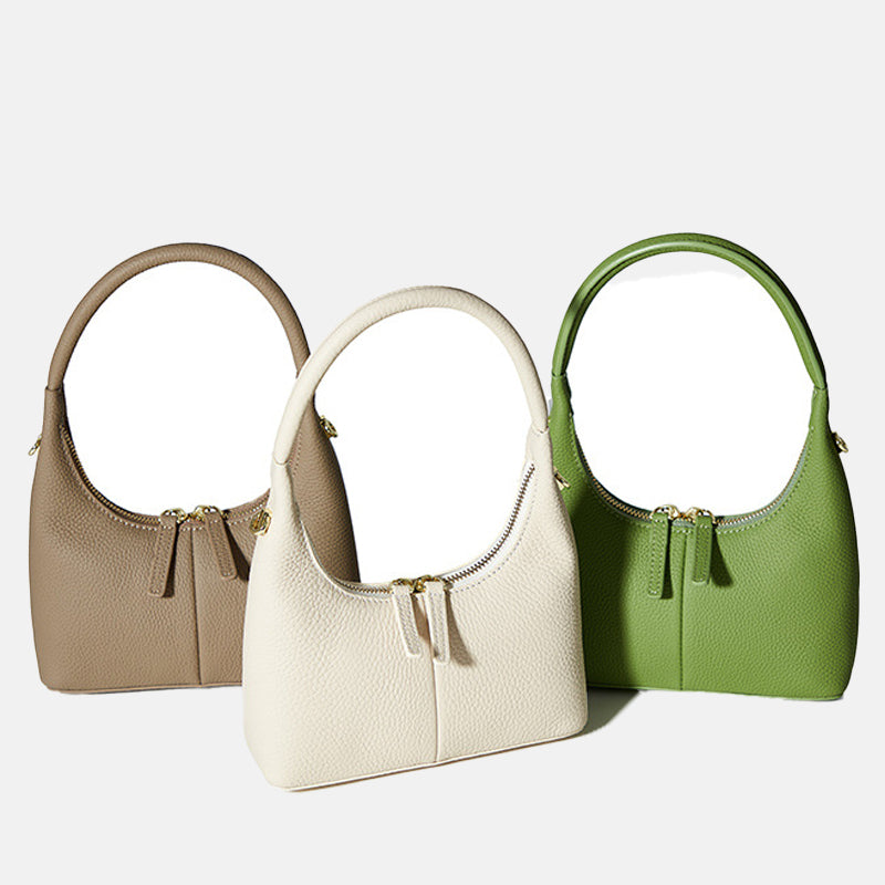 Women’s Textured Double Zipper Genuine Leather Hobo Baguette Bags image 5