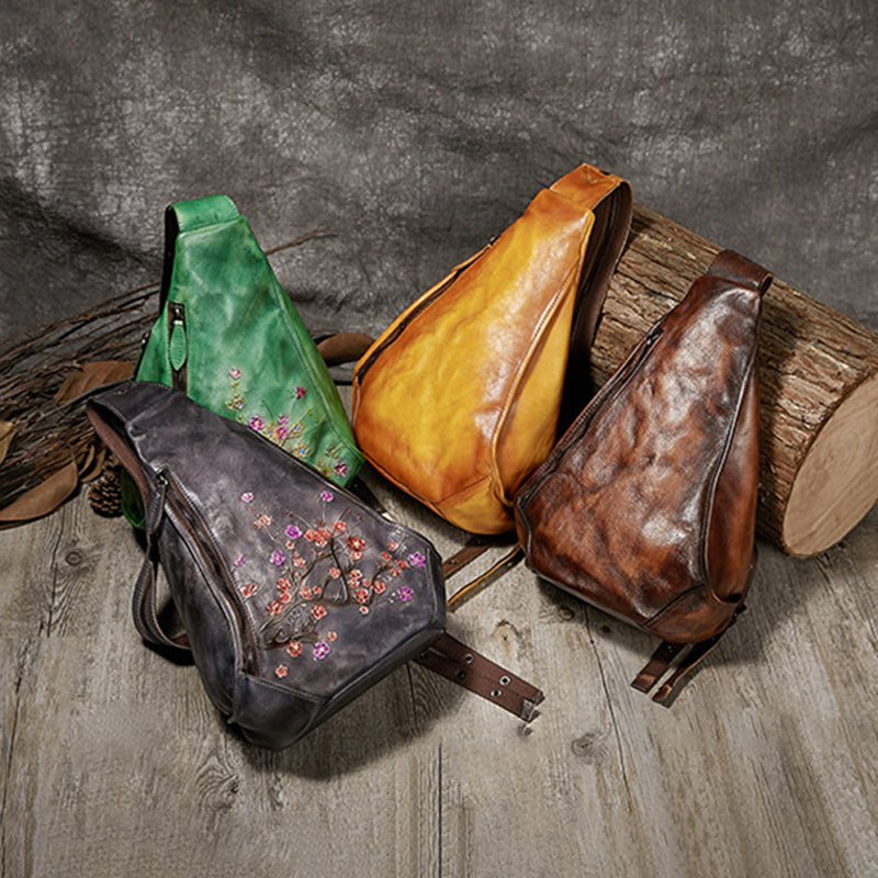 Women’s Flower Embossed Vintage Genuine Leather Sling Bags image 13