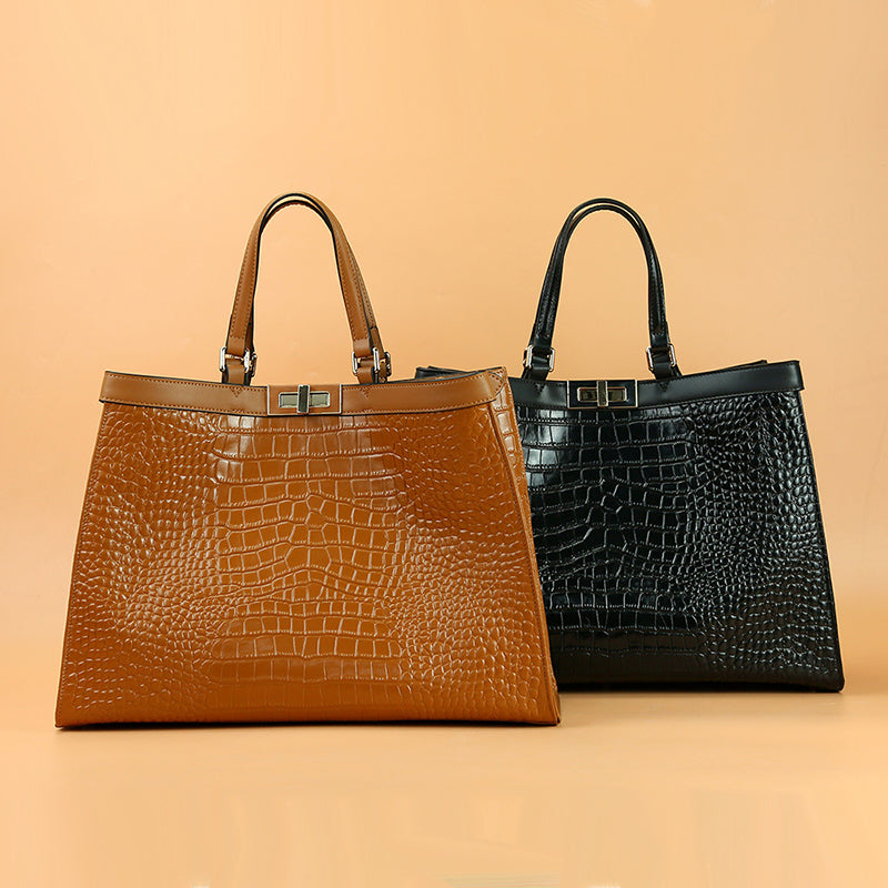 Women’s Croc Print Genuine Leather Lock Large Tote Bags image 4