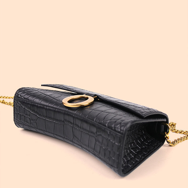 Women’s Black Croc Print Genuine Leather Flap Baguette Bags with Chains image 4