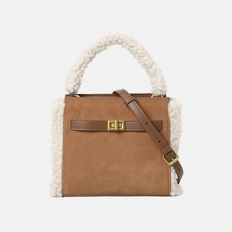 Women’s Fur Trim Suede Leather Top Handle Purse in Brown image