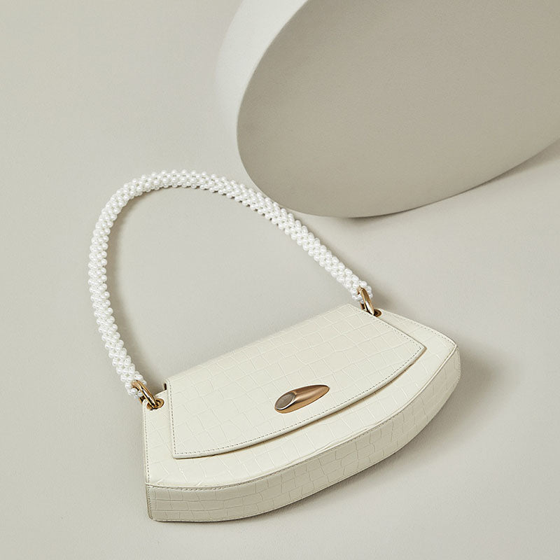 Women’s Genuine Leather Croc Print Baguette Bags with Pearls Strap image 3