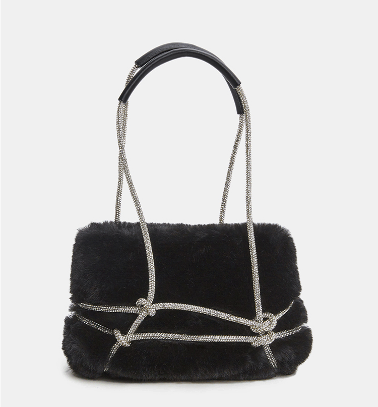 Women’s Fuzzy Rhinestone Strap Tie Up Handbags image