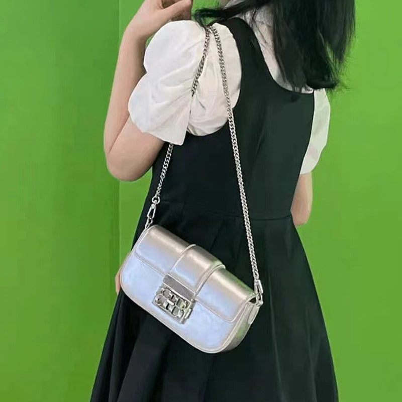 Women’s Metallic Flap Buckle Baguette Bags – Silver image 2