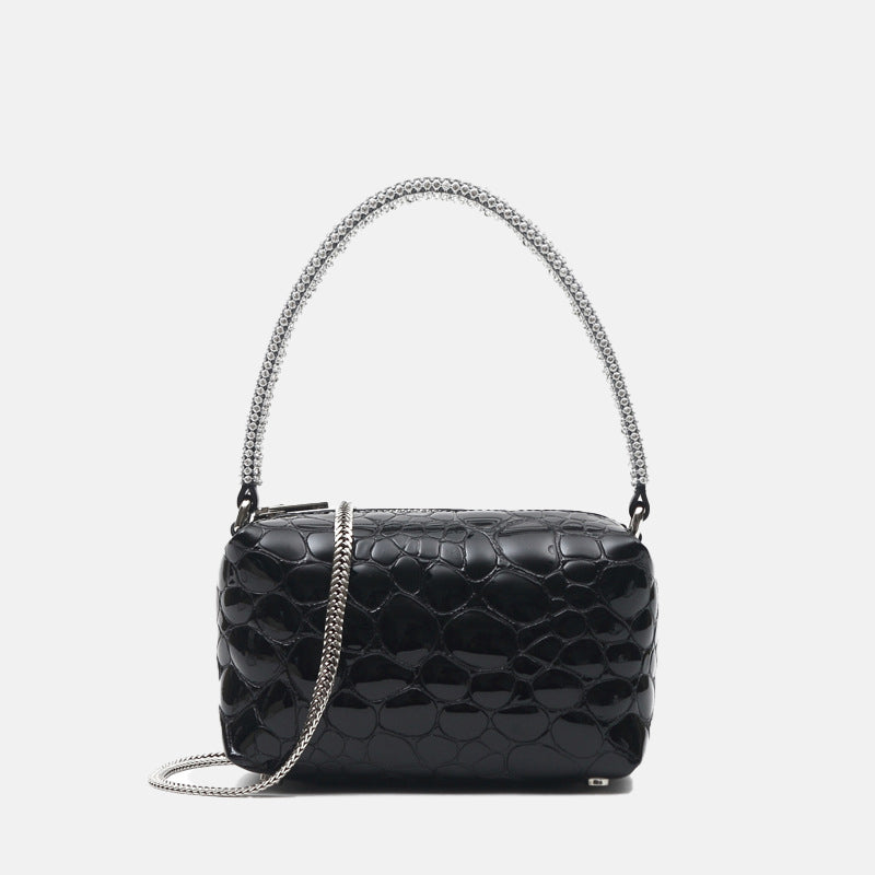 Women’s Stone Grain Rhinestone Handle Clutch Bags in Genuine Leather image 6