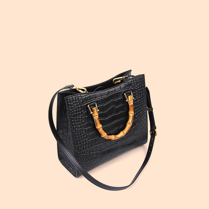 Women’s Black Genuine Leather Croc Embossed Tote Bags Bamboo Top Handle image 4