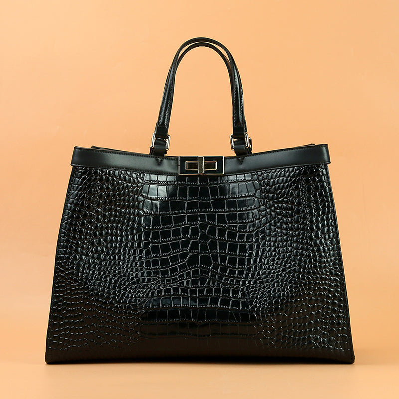 Women’s Croc Print Genuine Leather Lock Large Tote Bags image 3