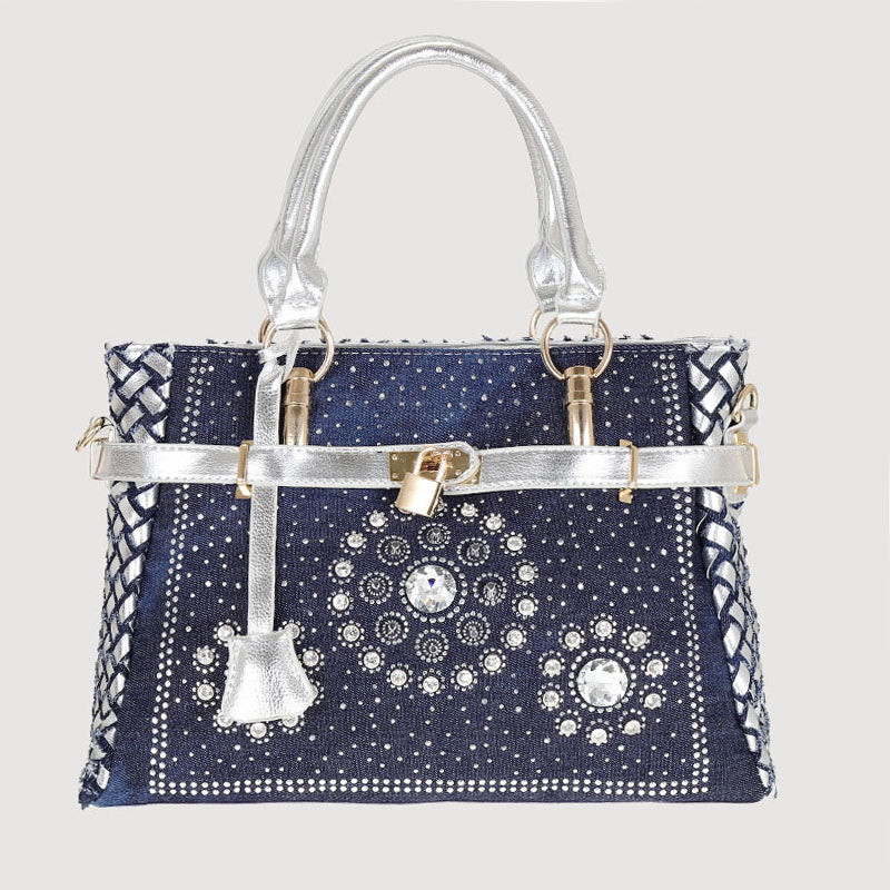 Women’s Blue Denim Woven Rhinestones Handbags with Lock image