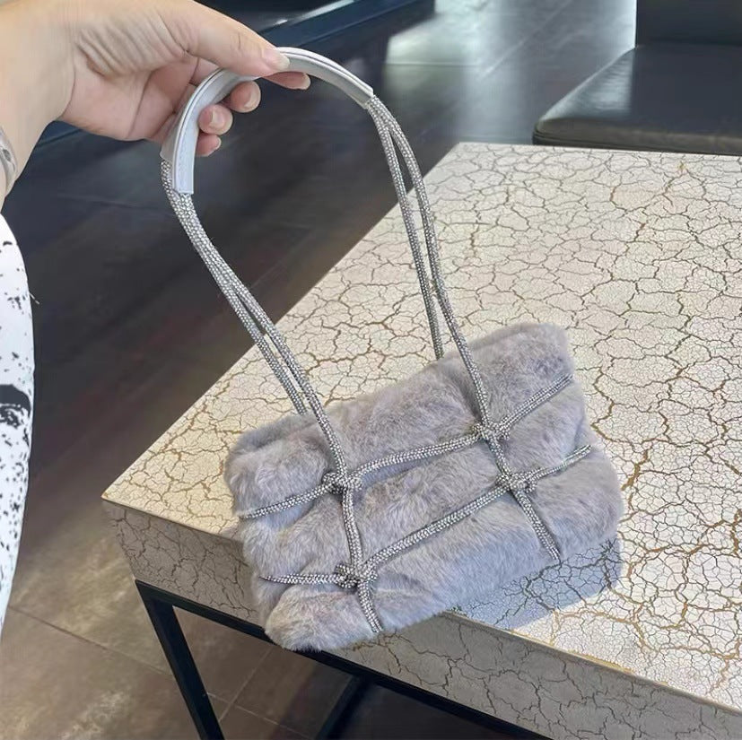 Women’s Fuzzy Rhinestone Strap Tie Up Handbags image 2