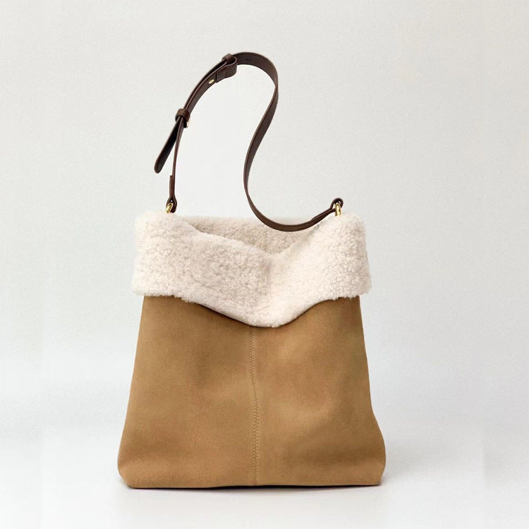 Women’s Shearling Soft Shoulder Tote Bags in Genuine Suede Leather image 5