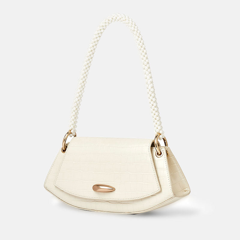 Women’s Genuine Leather Croc Print Baguette Bags with Pearls Strap image