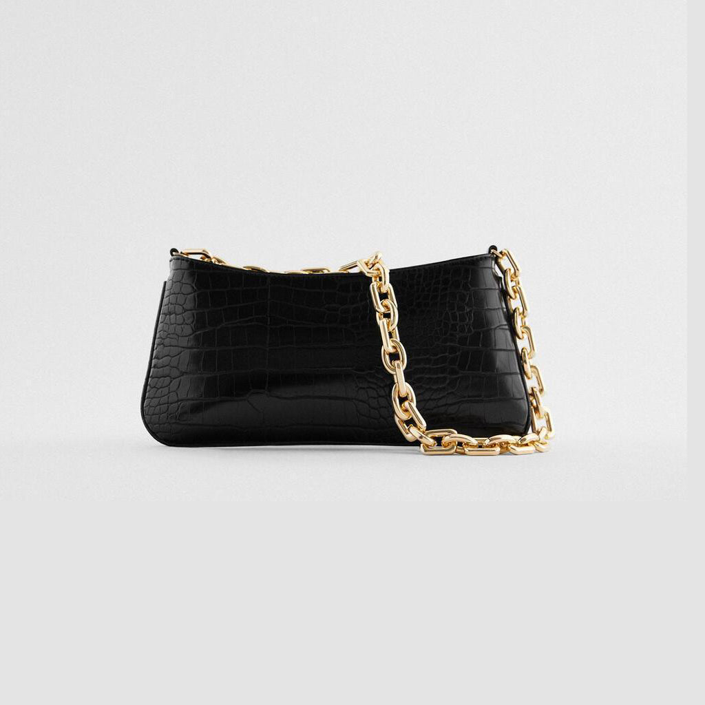 Women’s Chains Baguette Bag in Black Croc Print Vegan Leather image