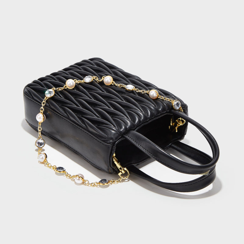 Women’s Genuine Leather Quilted Mini Tote Bags with Jeweled Chains image 2