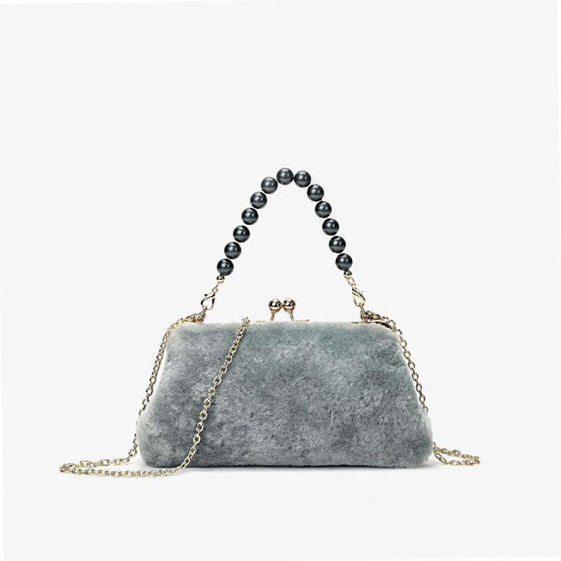Women’s Genuine Lamb Fur Beaded Chains Evening Clutch Bags image