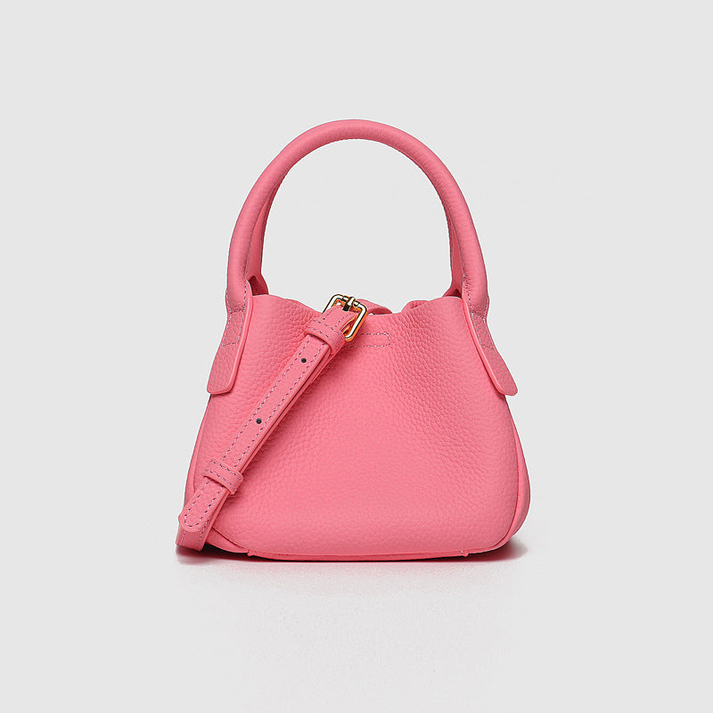 Women’s Small Lychee Grain Genuine Leather Top Handle Bucket Bags with Shoulder Strap image
