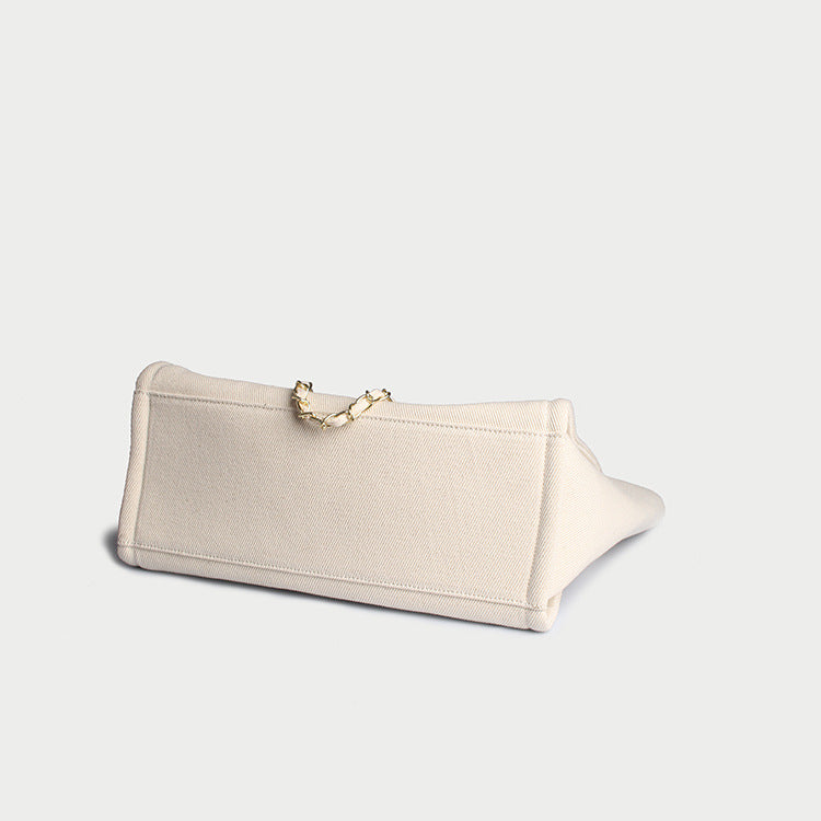 Women’s Beige Canvas Pearls Large Beach Tote image 5