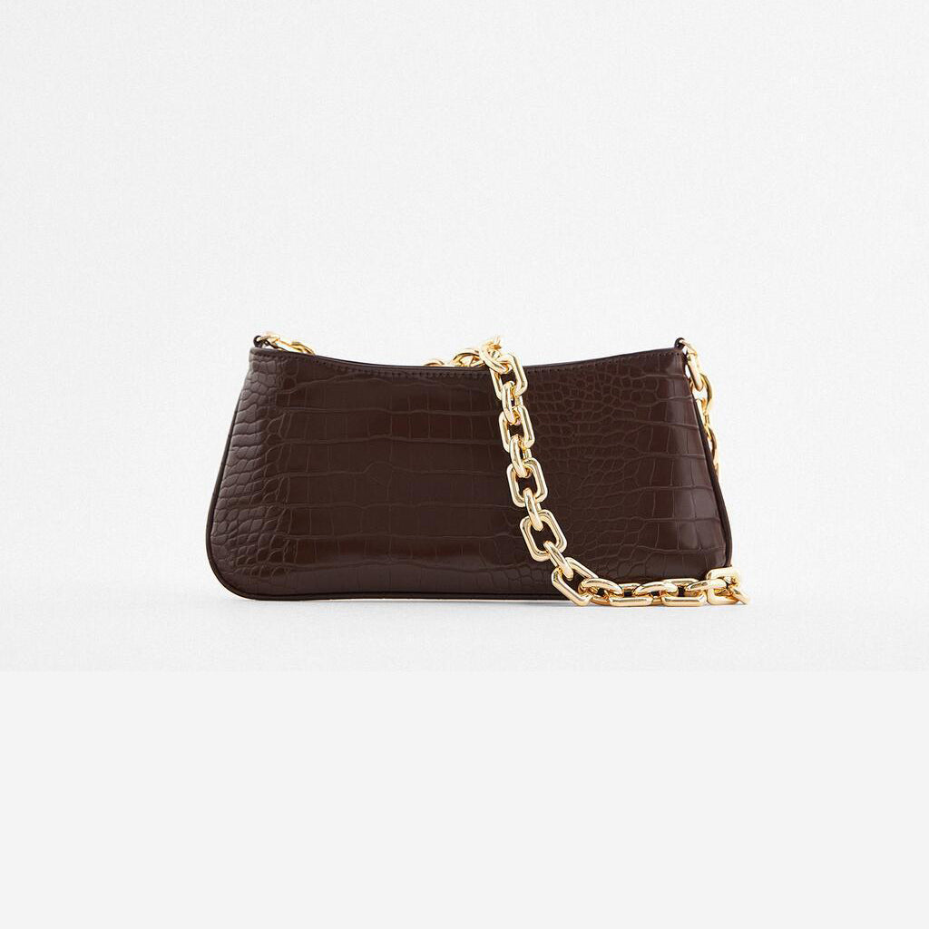 Women’s Chains Baguette Bag in Brown Croc Print Vegan Leather image