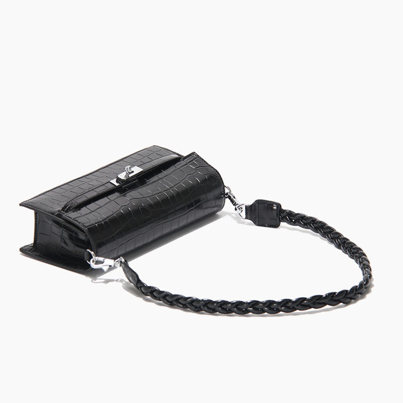 Women’s Black Baguette Bags in Black Croc Print with Two Straps image 5