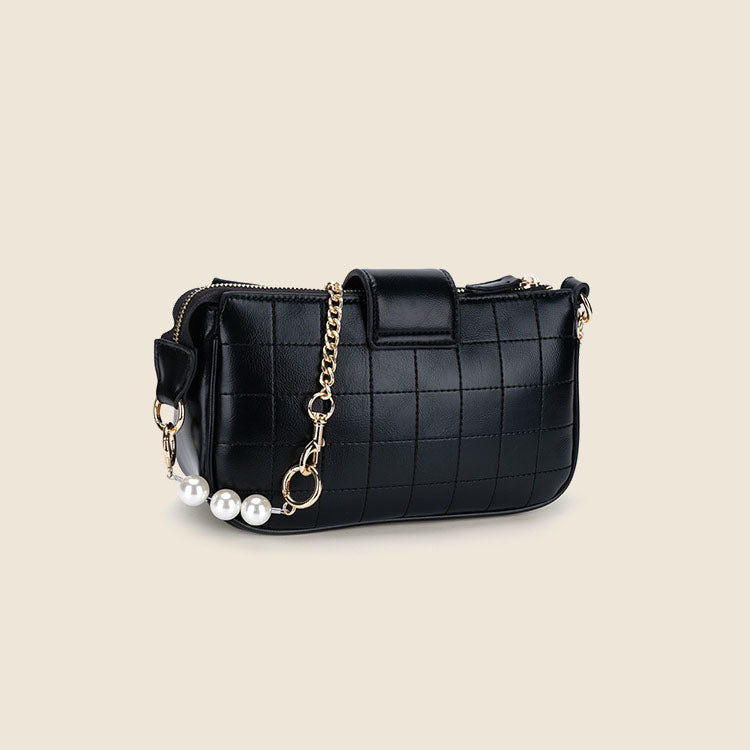 Women’s Black Sqaure Quilted Shoulder Bags with Pearls image 3