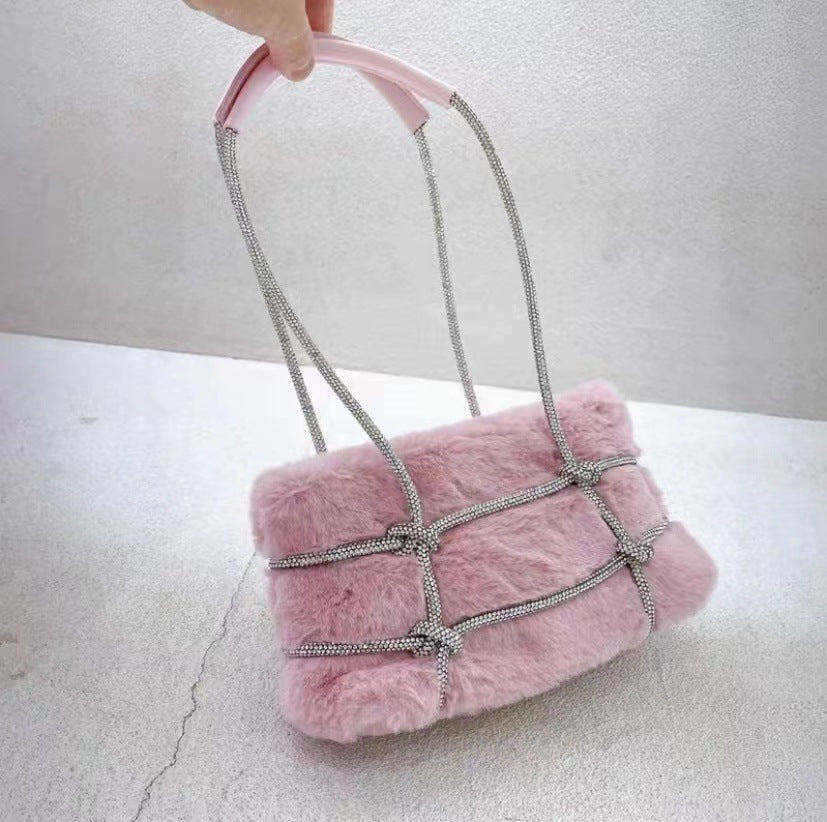 Women’s Fuzzy Rhinestone Strap Tie Up Handbags image 3