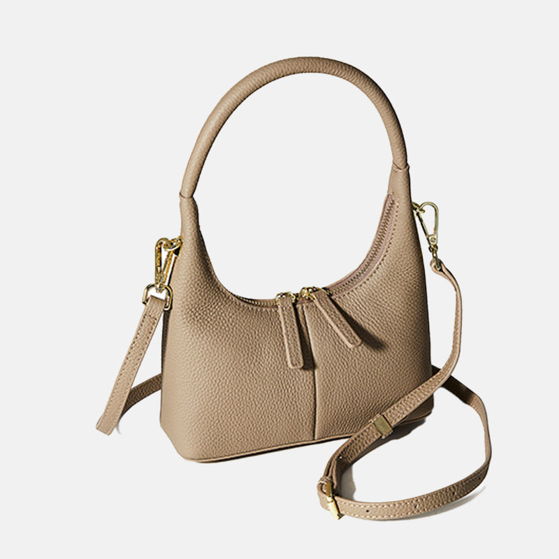 Women’s Textured Double Zipper Genuine Leather Hobo Baguette Bags image 3