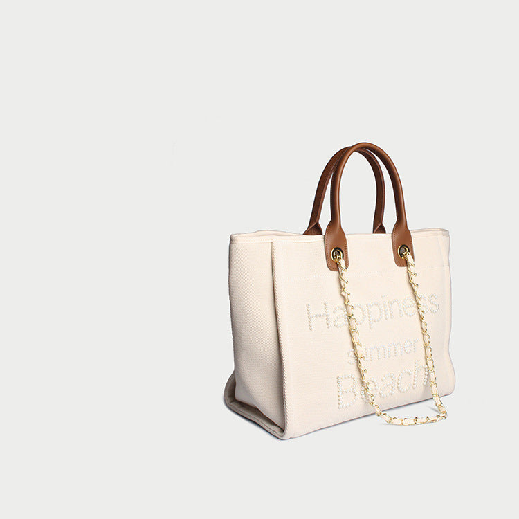 Women’s Beige Canvas Pearls Large Beach Tote image 2