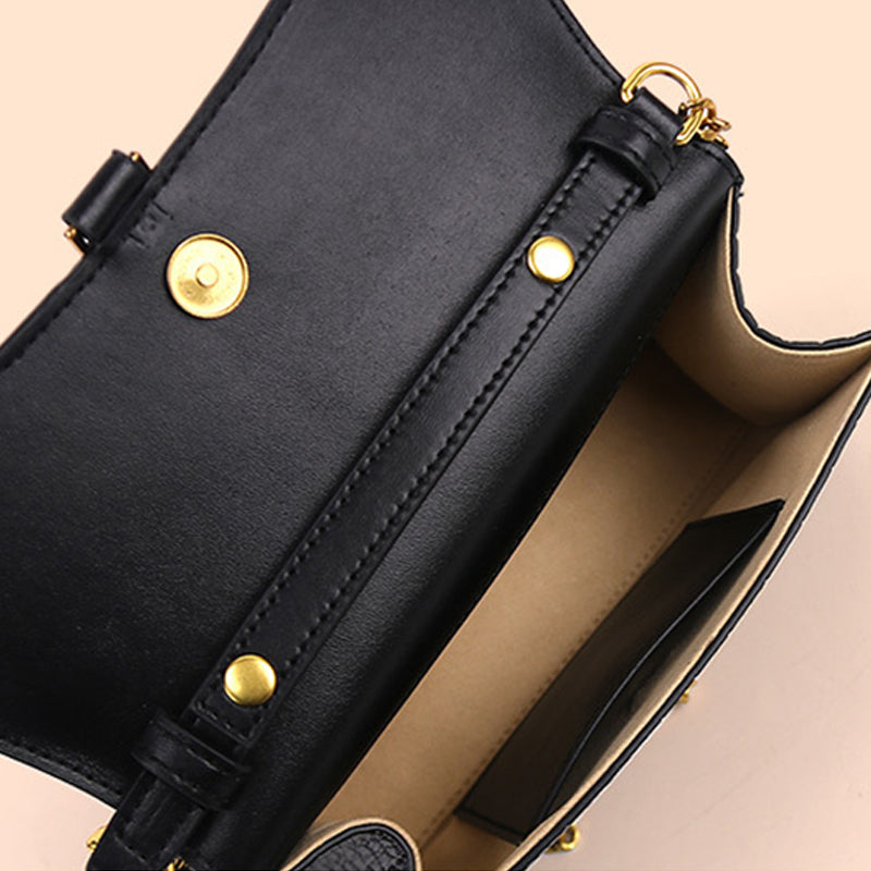 Women’s Black Croc Print Genuine Leather Flap Baguette Bags with Chains image 6