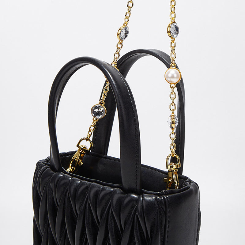Women’s Genuine Leather Quilted Mini Tote Bags with Jeweled Chains image 5