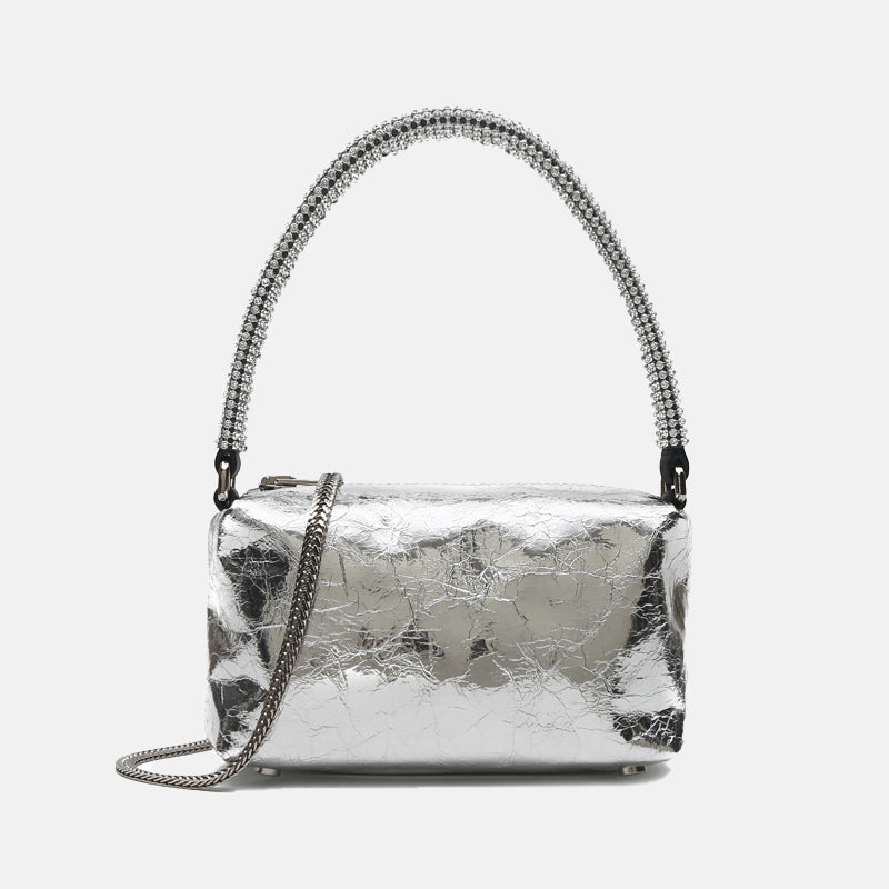 Women’s Stone Grain Rhinestone Handle Clutch Bags in Genuine Leather image