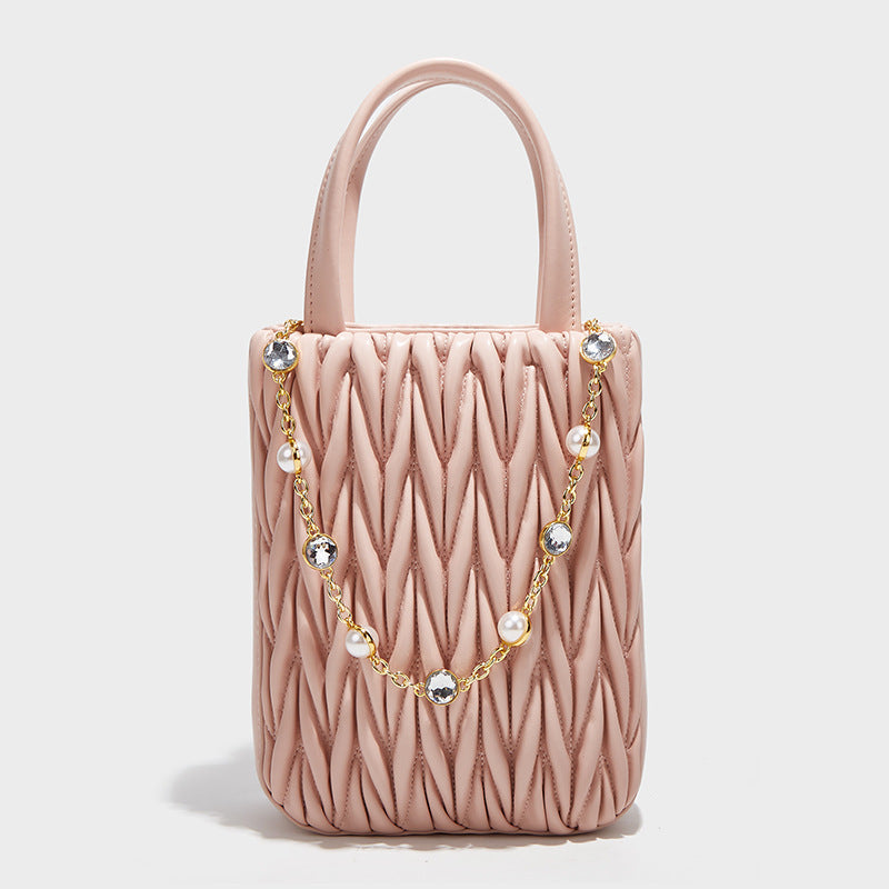 Women’s Genuine Leather Quilted Mini Tote Bags with Jeweled Chains image 7