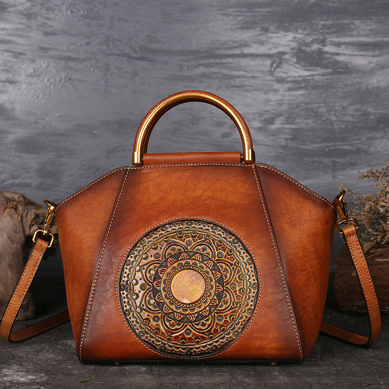 Women’s Totem Embossed Vintage Top Handle Handbags in Genuine Leather image