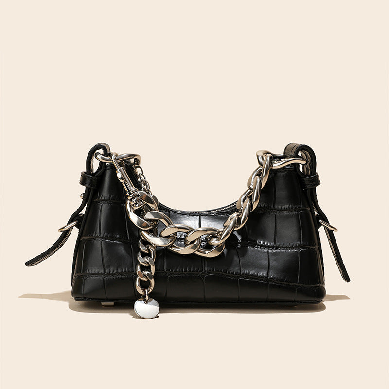 Women’s Chains Croc Print Genuine Leather Baguette Shoulder Bags image 6