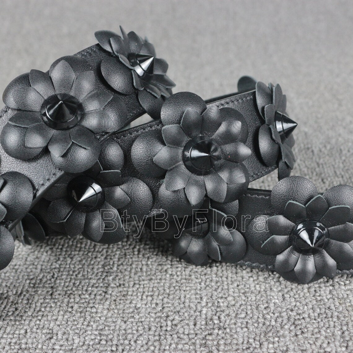 Luxury Black Leather Bandoulière (Designer Style): 3D Floral Appliqué & Studded Crossbody Strap