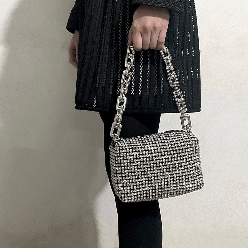 Women’s Small Chains Full Rhinestone Evening Baguette Bags image 4