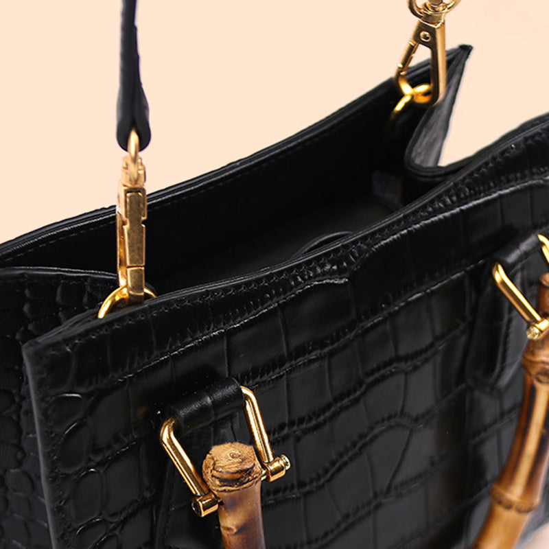 Women’s Black Genuine Leather Croc Embossed Tote Bags Bamboo Top Handle image 7