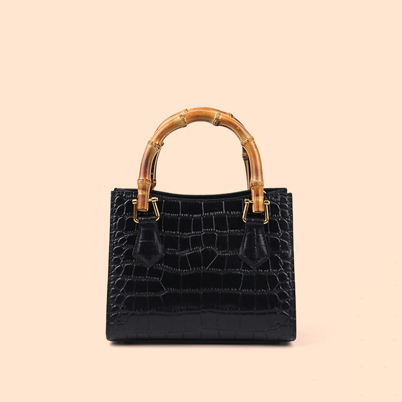 Women’s Black Genuine Leather Croc Embossed Tote Bags Bamboo Top Handle image