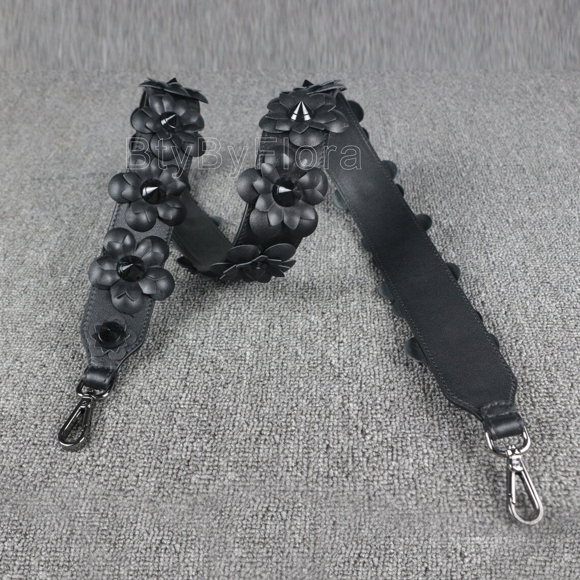 Luxury Black Leather Bandoulière (Designer Style): 3D Floral Appliqué & Studded Crossbody Strap