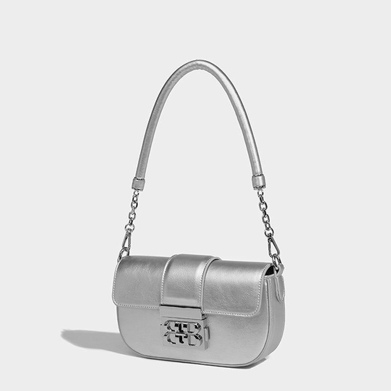 Women’s Metallic Flap Buckle Baguette Bags – Silver image 4