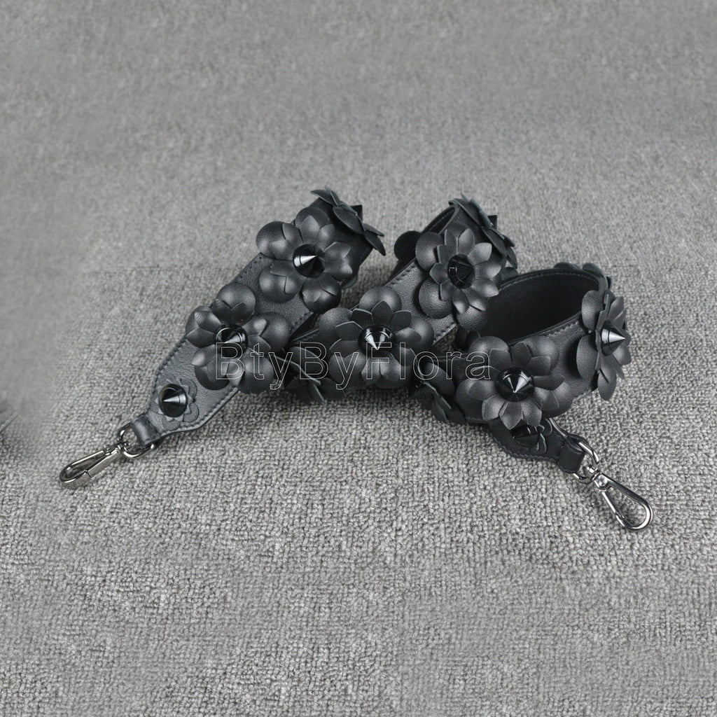 Luxury Black Leather Bandoulière (Designer Style): 3D Floral Appliqué & Studded Crossbody Strap