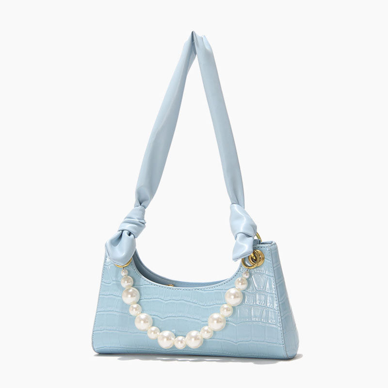 Women’s Light Blue Croc Print Baguette Bags with Pearls image 2