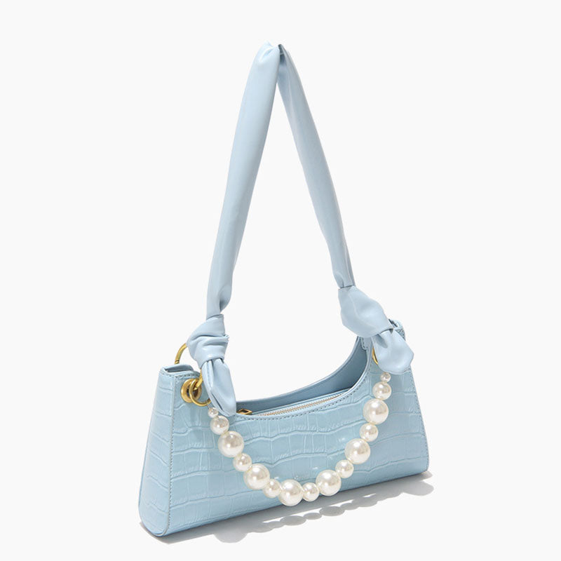 Women’s Light Blue Croc Print Baguette Bags with Pearls image 3