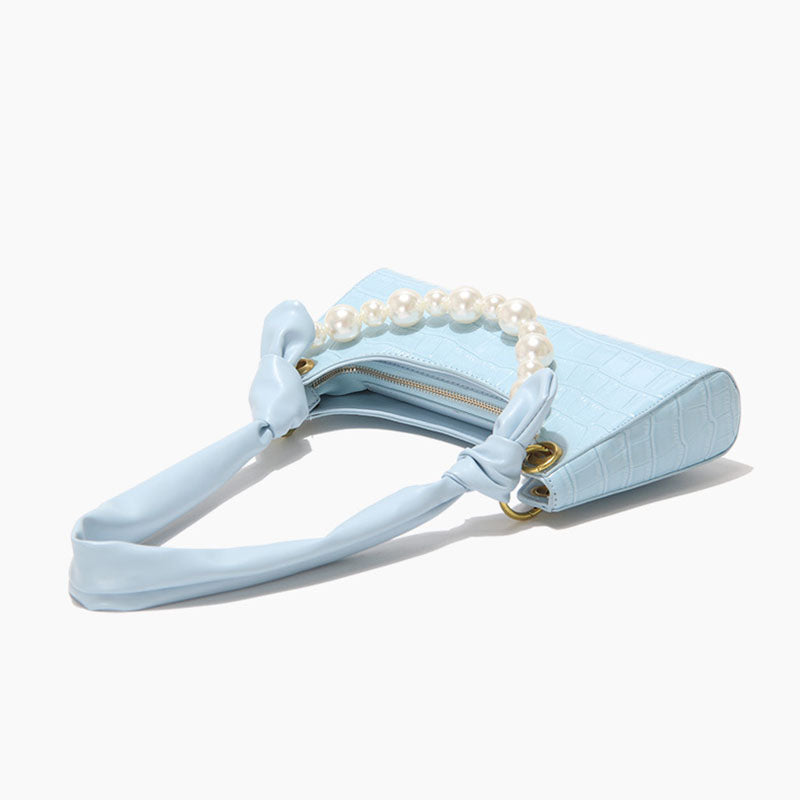 Women’s Light Blue Croc Print Baguette Bags with Pearls image 4