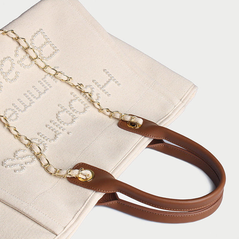 Women’s Beige Canvas Pearls Large Beach Tote image 6