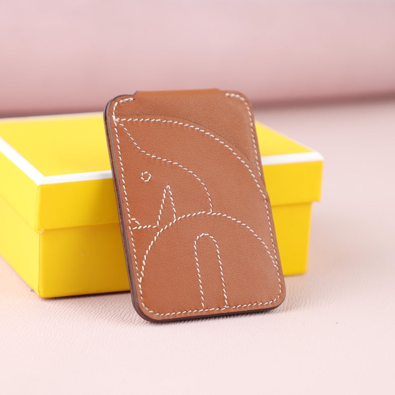 Porte-cartes MagSafe en veau Swift coloris Gold.Cheval MagSafe card holder,Magnetic Phone Card Holder Kickstand Slim Matte Card Bag