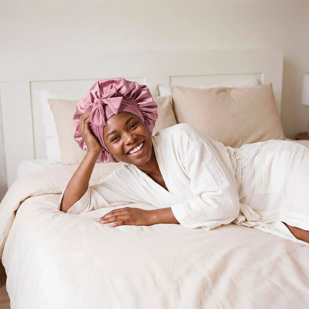 Lovocross Satin Sleep Hair Bonnet – Adjustable Bow Tie, Wide Brim, All Hair Types