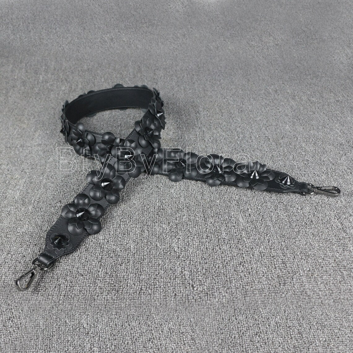 Luxury Black Leather Bandoulière (Designer Style): 3D Floral Appliqué & Studded Crossbody Strap